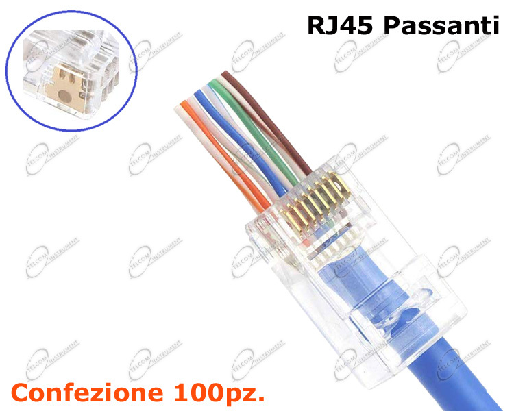 Connettore RJ45 per cavo Ethernet CAT.6 connettori passante contatti dorati  x100