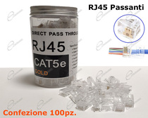 CONNETTORE PLUG RJ45 PASSANTE CONTATTO DORATO PER CAVO DI RETE: CONFEZIONE 100 CONNETTORI RJ45 PASSANTI